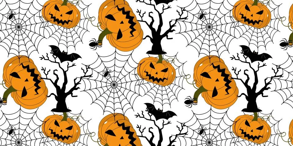 Spooky Halloween repeat pattern vectors background with pumpkins and spiderwe Stock Illustration