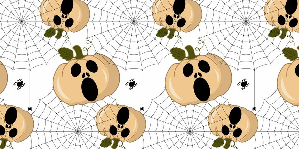 Spooky Halloween repeat pattern vectors background with pumpkins and spiderwe Stock Illustration