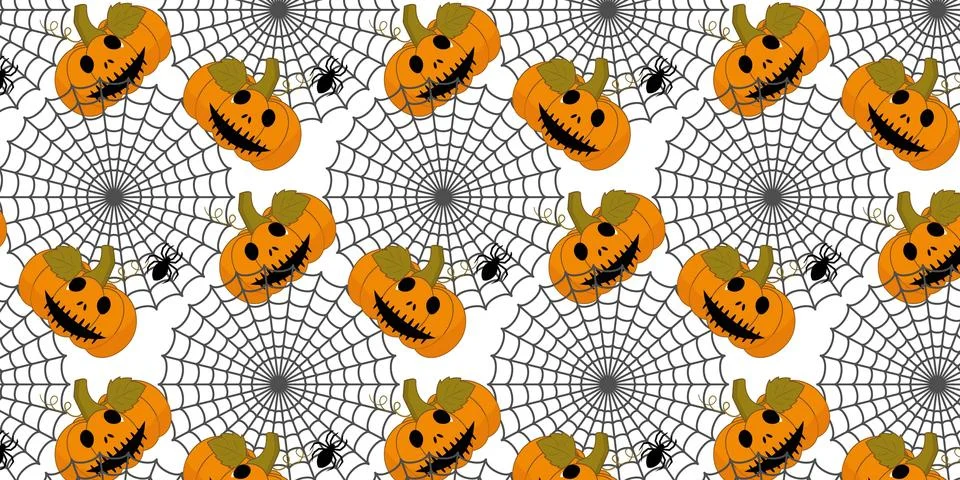 Spooky Halloween repeat pattern vectors background with pumpkins and spiderwe Stock Illustration