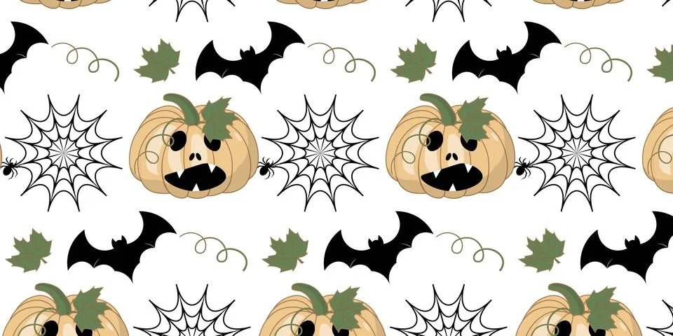 Spooky Halloween repeat pattern vectors background with pumpkins and spiderwe Stock Illustration