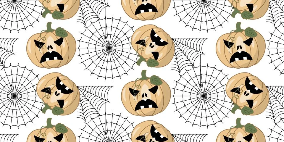 Spooky Halloween repeat pattern vectors background with pumpkins and spiderwe Stock Illustration