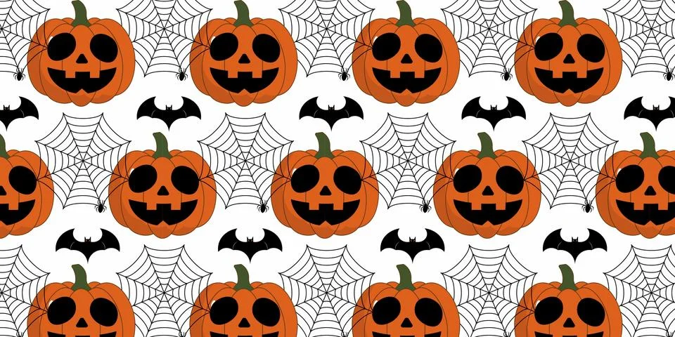 Spooky Halloween repeat pattern vectors background with pumpkins and spiderwe Stock Illustration