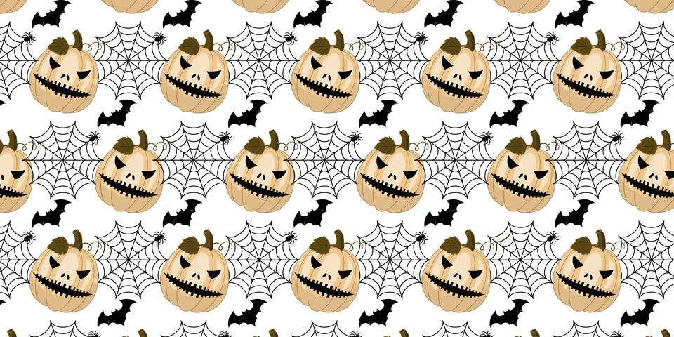 Spooky Halloween repeat pattern vectors background with pumpkins and spiderwe Stock Illustration