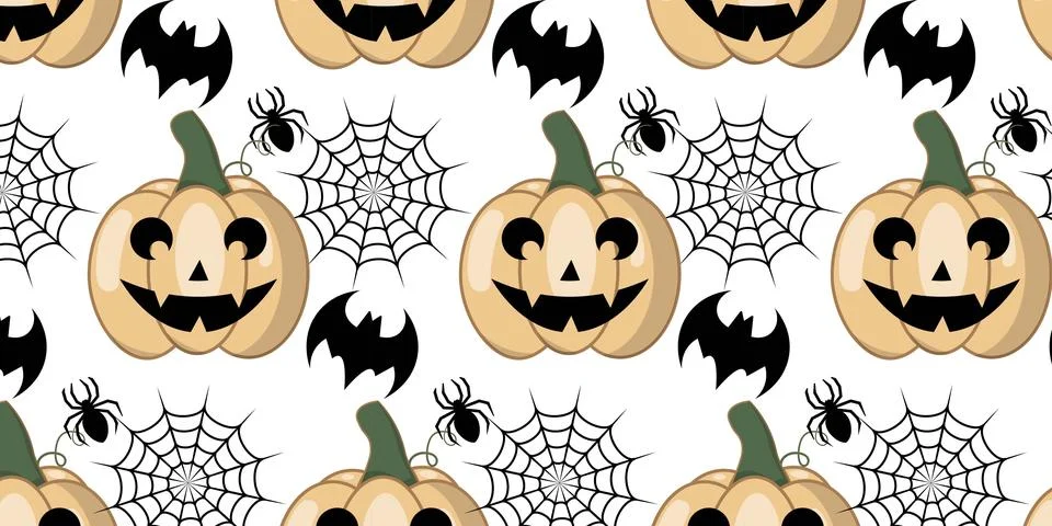 Spooky Halloween repeat pattern vectors background with pumpkins and spiderwe Stock Illustration