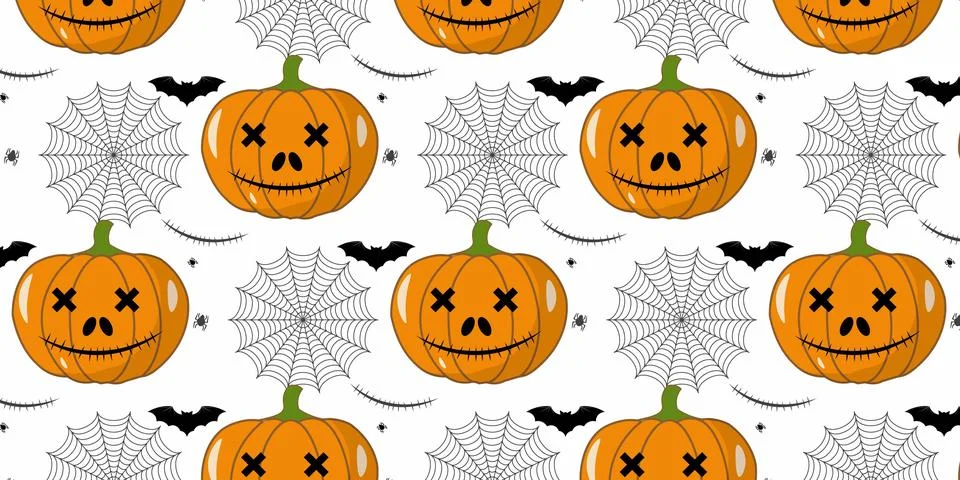 Spooky Halloween repeat pattern vectors background with pumpkins and spiderwe Stock Illustration