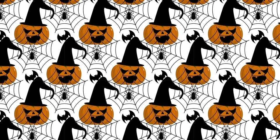 Spooky Halloween repeat pattern vectors background with pumpkins and spiderwe Stock Illustration
