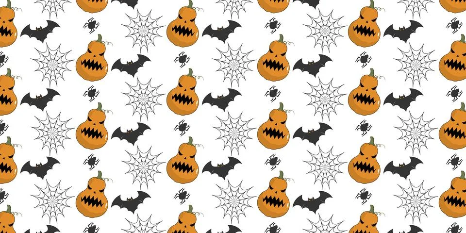 Spooky Halloween repeat pattern vectors background with pumpkins and spiderwe Stock Illustration