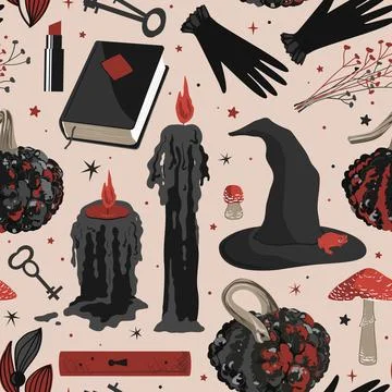 Spooky Halloween seamless pattern with black and red candles, warty pumpkin.. Stock Illustration