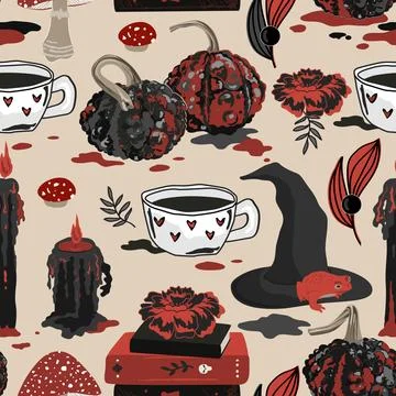 Spooky Halloween seamless pattern with black and red candles, warty pumpkin.. Stock Illustration
