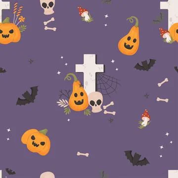 Spooky Halloween seamless pattern. Grave cemetery cross with pumpkin Jack a.. Stock Illustration