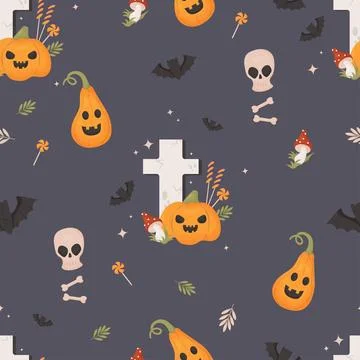 Spooky Halloween seamless pattern. Grave cemetery cross with pumpkin jack o.. Stock Illustration