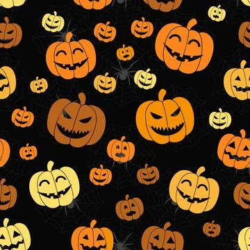 A spooky Halloween seamless pattern with pumpkins and spider webs on a black  Stock Illustration