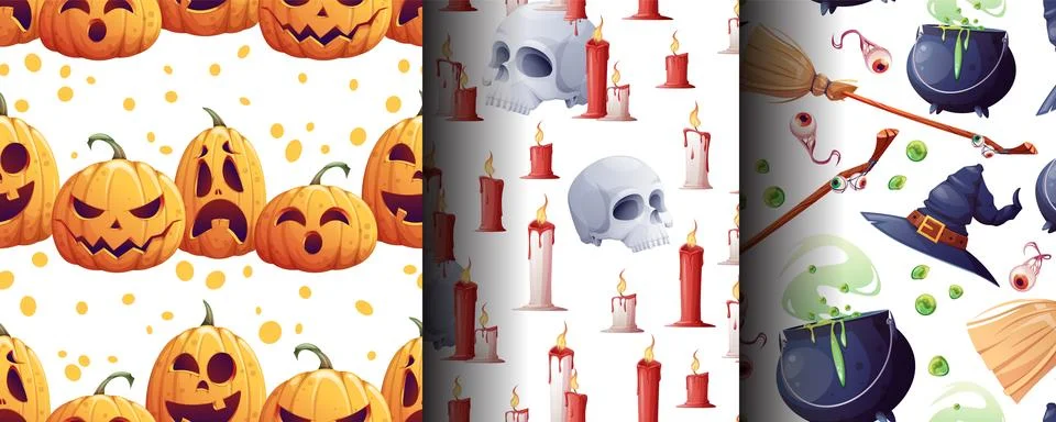 Spooky Halloween Seamless Pattern Set with Pumpkin, Candle, Skull, Witch Hat Illustrazione stock