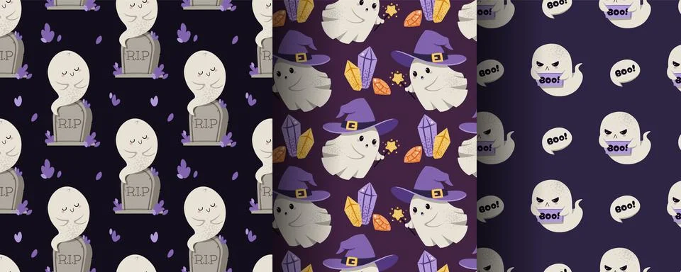Spooky Halloween Seamless Pattern Set with Cute Ghosts in Witch Hats, Tombstones Illustrazione stock