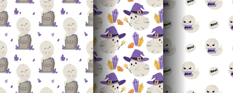 Spooky Halloween Seamless Pattern Set with Cute Ghosts in Witch Hats, Tombstones Stock Illustration