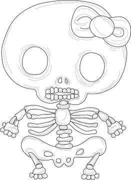 Spooky Halloween skeleton with bow template. Cute cartoon vector illustration Stock Illustration