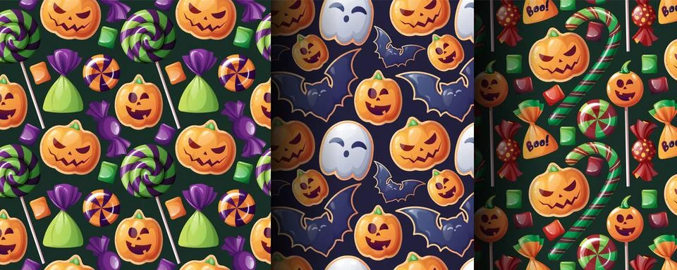 Spooky Halloween Sweets Seamless Pattern Set with Pumpkin Candy, Ghost Treats Stock Illustration