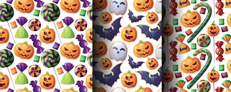 Spooky Halloween Sweets Seamless Pattern Set with Pumpkin Candy, Ghost Treats Stock Illustration