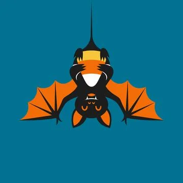 Spooky halloween upside down bat character with wings and a candy corn vector Stock Illustration