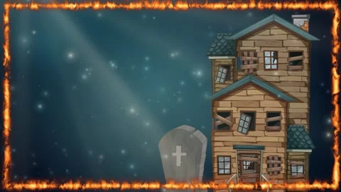 Spooky Haunted House Animation with Fire Frame and Floating Particles Stock Footage 342311938