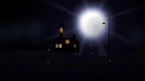 Spooky haunted house at night with full moon and bats. Video stock 343292054