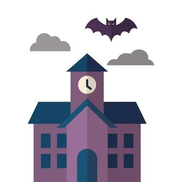 Spooky haunted house vector illustration with bat and clock tower Stock Illustration