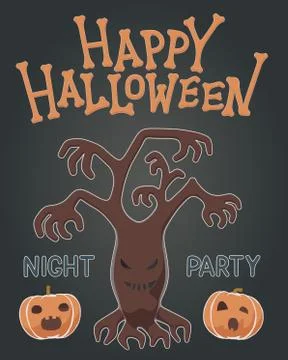 Spooky haunted tree, orange pumpkins illustration Stock Illustration