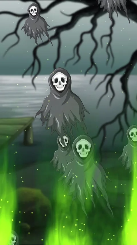 Spooky Hooded Ghosts Floating Over Green Flames in Halloween Animation 動画素材 348124652