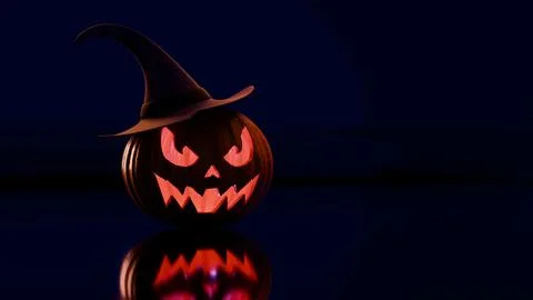 Spooky jack o lantern with witch hat glowing reflection in night Stock Illustration