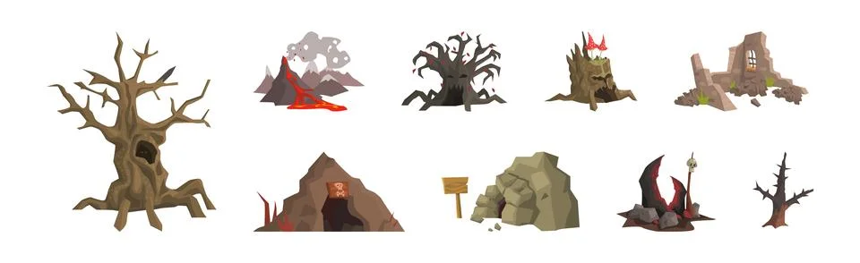 Spooky Landscape Elements with Cave, Ruin and Tree Stump Vector Set Stock Illustration