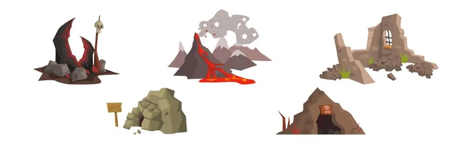 Spooky Landscape Elements with Ruins and Cave Vector Set Stock Illustration