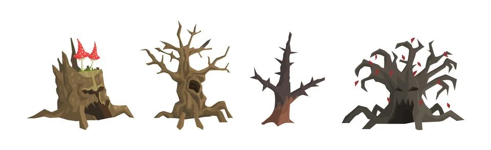 Spooky Landscape Elements with Tree Stump Vector Set Stock Illustration