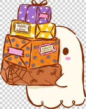 Spooky Mail Halloween Delivery, Ghost Carrying Halloween Gift Boxes Hand Dr.. Stock Illustration