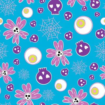 Spooky motifs vector seamless pattern on blue background Stock Illustration