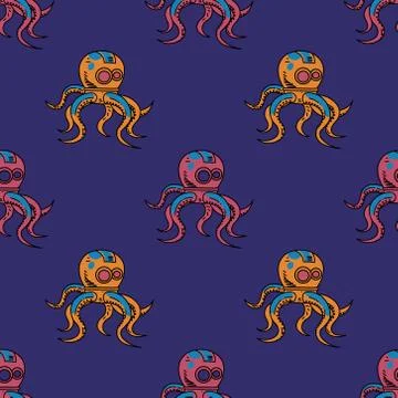 Spooky octupus robot seamless pattern Stock Illustration