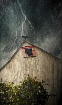 Spooky old barn with crows on a stormy night Foto stock