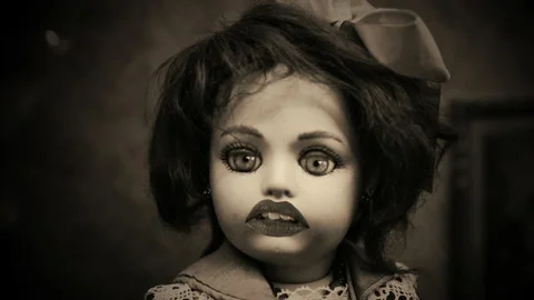 Spooky Old Doll Talking Eerie Scene Sepia Vintage Style Stock Footage 234879703