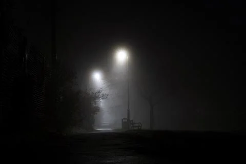 A spooky path through a park with a bench on an atmospheric foggy night Stock Photos