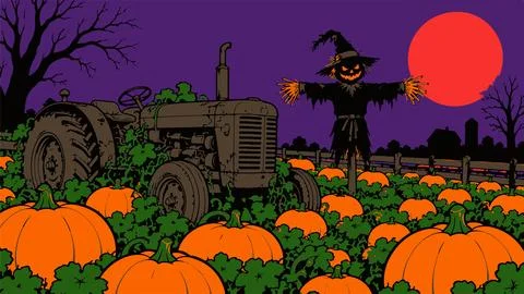 Spooky pumpkin patch farm with rusty old tractor and scarecrow under red bl.. Stock Illustration