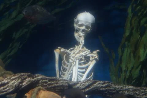 A spooky replica human skeleton prop submerged underwater in a dark Stock Photos