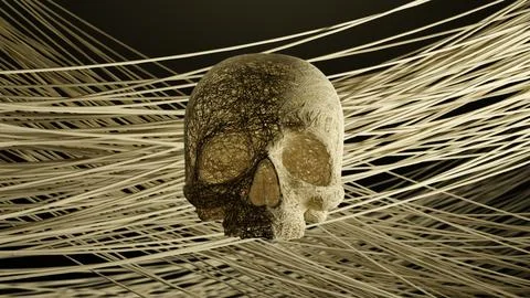 Spooky robot skull immersed within vibrant streams of digital information Stock Illustration