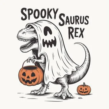Spooky saurus rex dinosaur ghost funny halloween t shirt design t rex pumpk.. Stock Illustration