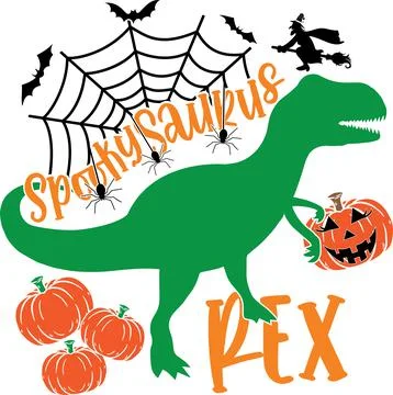Spooky Saurus Rex Pumpkin, Halloween Truck, Happy Halloween Stock Illustration