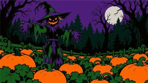 Spooky scarecrow with glowing jack o lantern head in dark pumpkin field hal.. Illustrazione stock