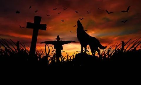 Spooky Scarecrow with Pumpkin Head Watching a Howling Wolf at Dusk in the Fields Stock Illustration