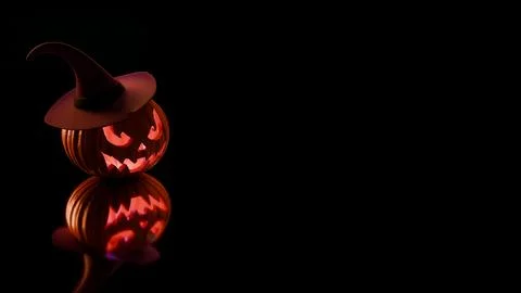Spooky side view pumpkin with glowing face and witch hat Illustrazione stock