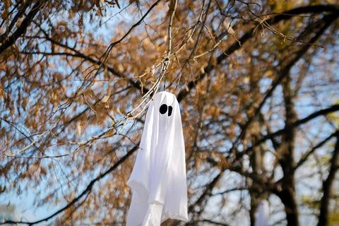 Spooky silhouette ghosts faces waving on wind on halloween forest background Stock Photos