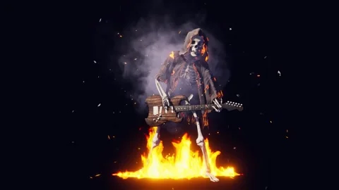 Spooky skeleton in burning robe playing rock guitar Stock Footage 288528485