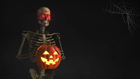 Spooky Skeleton Holding Glowing Pumpkin Dark Background Stock Footage 317435438