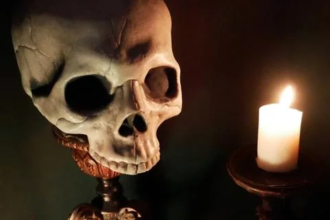 Spooky Skull and Candle Halloween Decor Stock Photos